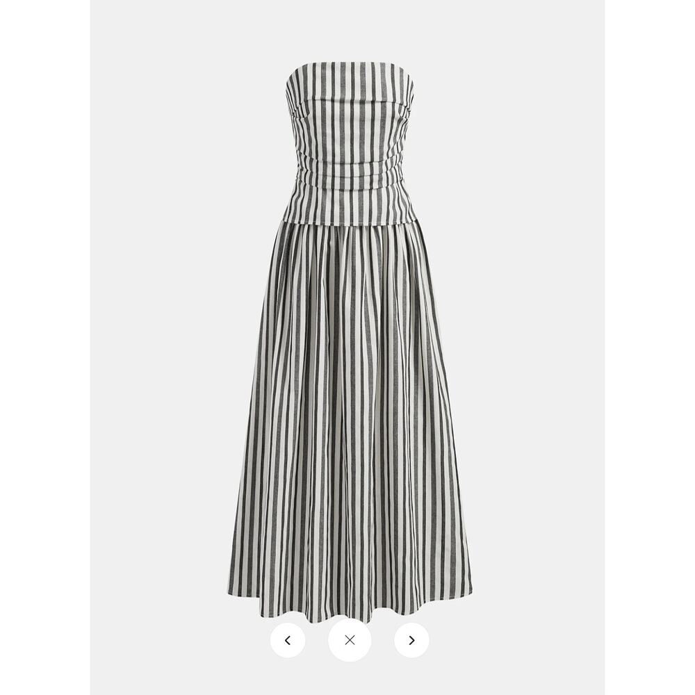 NWT Commense Striped Strapless Cotton Linen Ruched Dress Sz L - Picture 2 of 6
